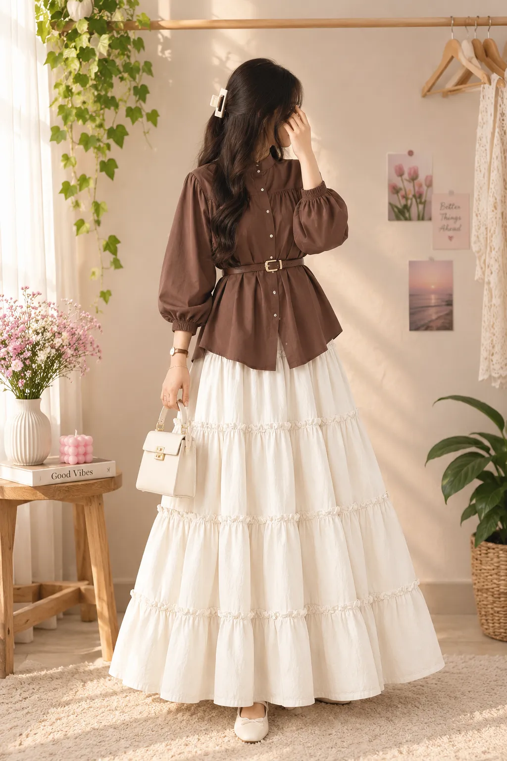 Off white Skirt With Chocolate Brown Top
