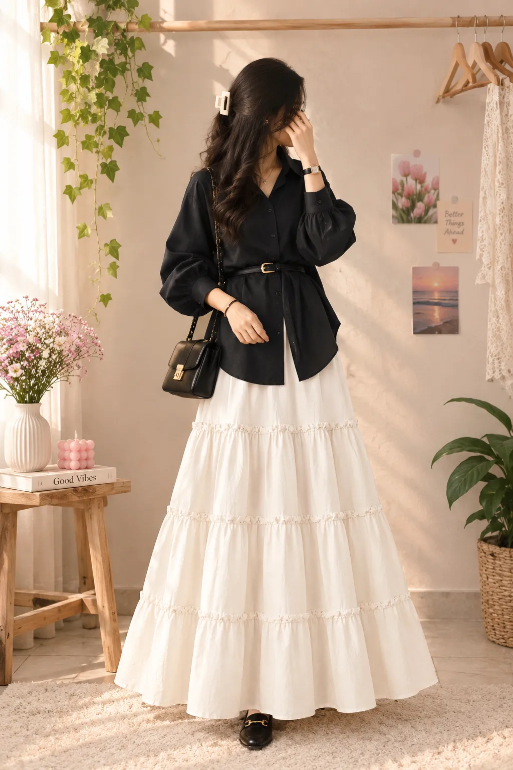 Off White Skirt With Black Top