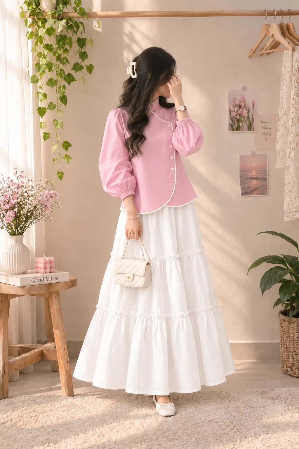 White Skirt With Baby Pink Top