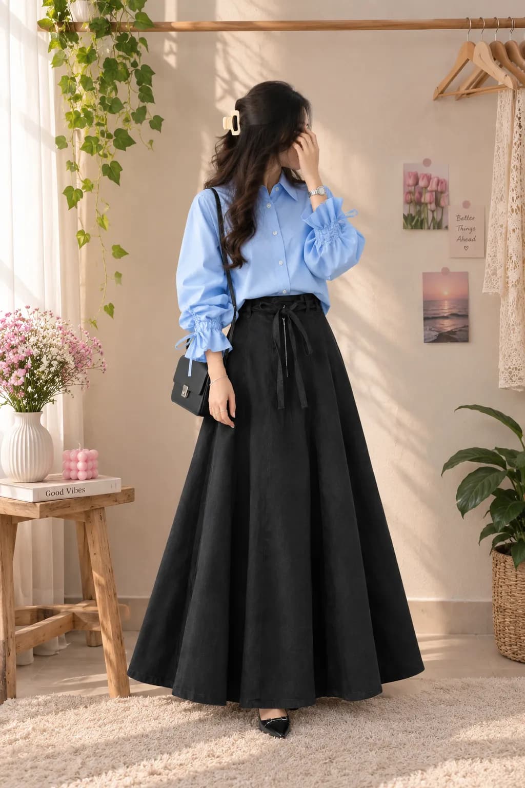 Denim Black Skirt With Powder Blue Top
